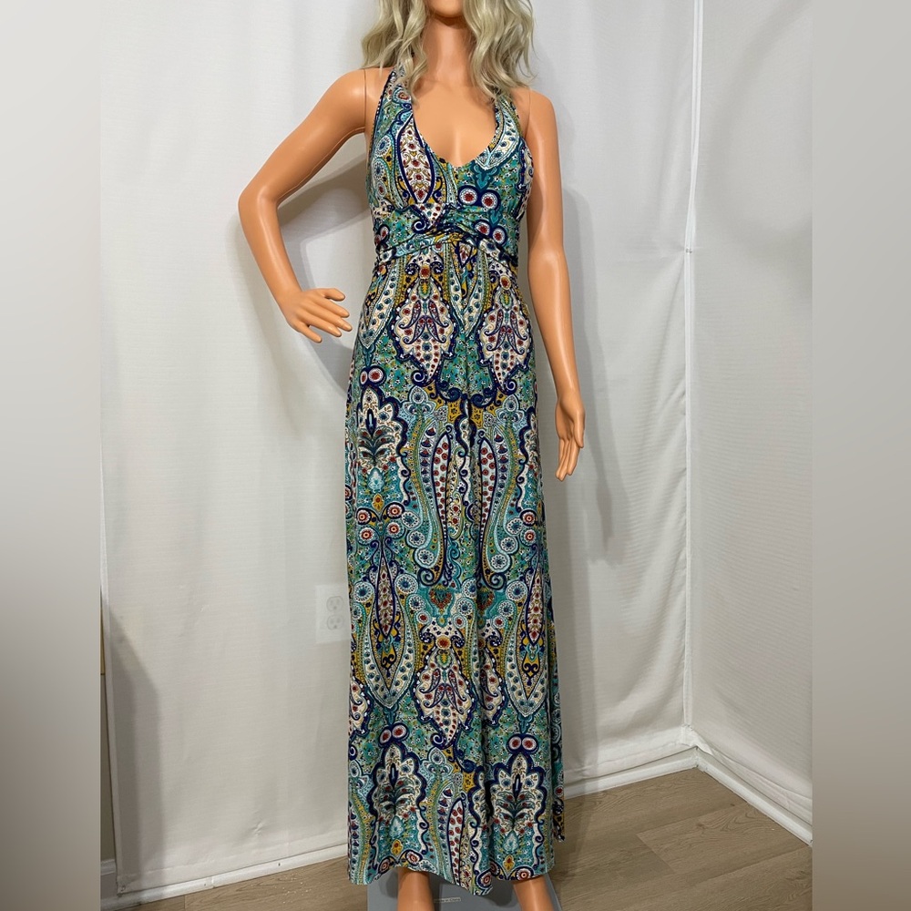 Ocean Breeze Women’s Halter Maxi Dress Beaded Neck Boho Paisley Print Size L